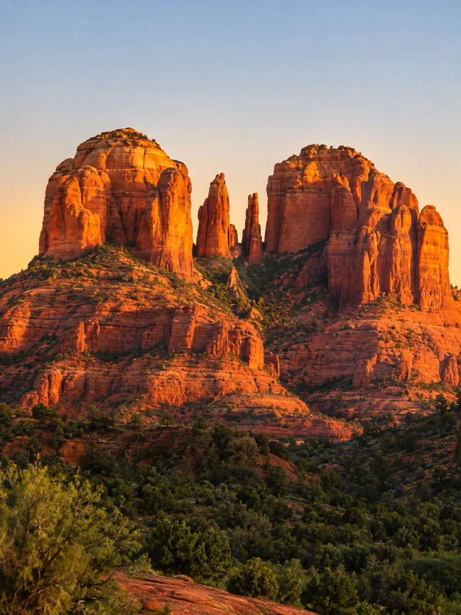 Die roten Sandsteintürme von Cathedral Rock unter klarem blauem Himmel in Sedona